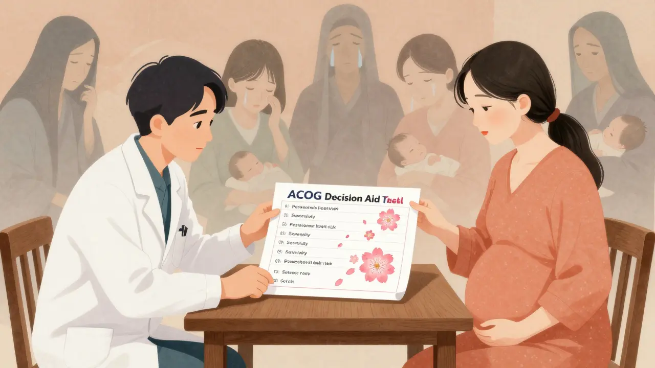 Perinatal psychiatrist and patient sharing a risk chart scroll, with ancestral figures and cherry blossoms representing medication outcomes.