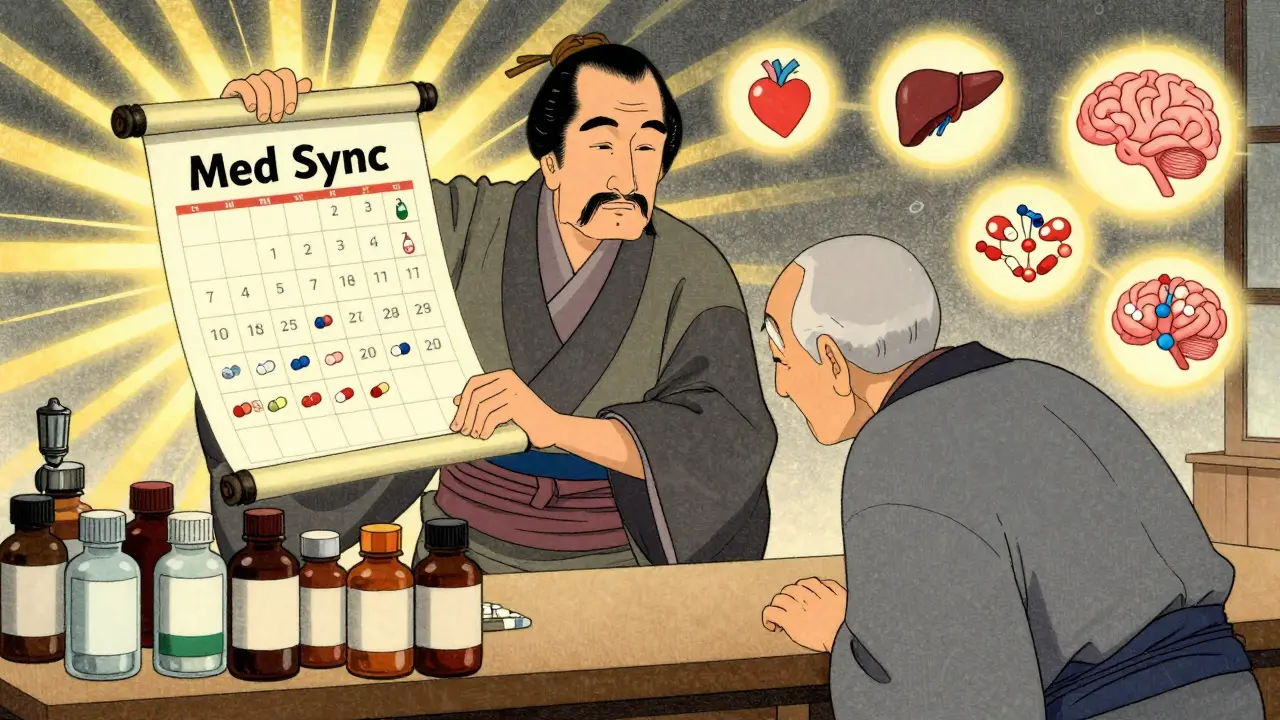 Pharmacist holding a 'Med Sync' scroll as a senior receives aligned monthly pills under golden light.