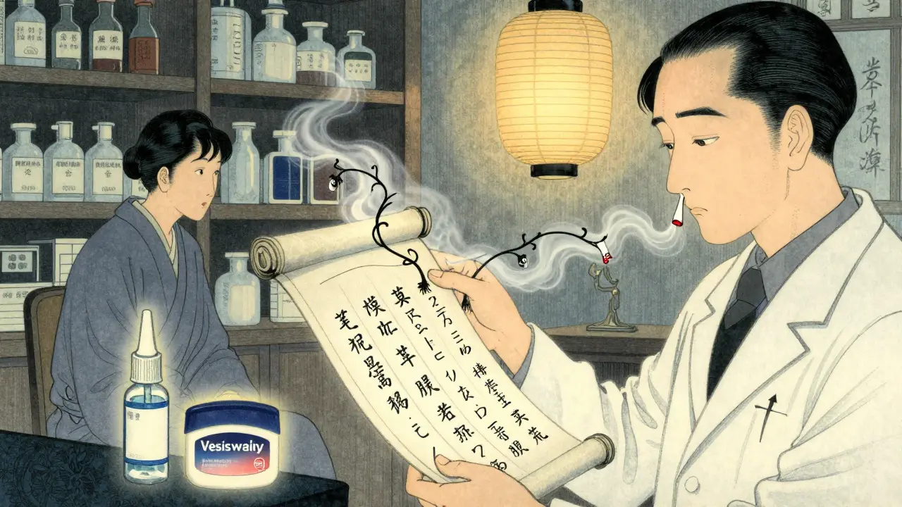 Pharmacist holding medication scroll with bleeding nose motifs dissolving into mist.