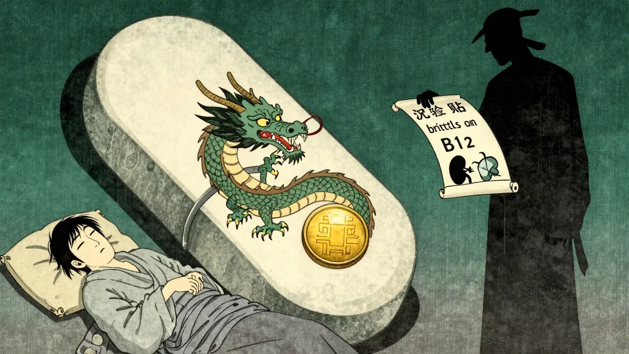 PPI pill sealing a dragon of acid, with symbolic health risks in traditional ink wash.