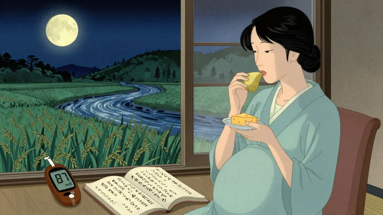 Pregnant woman enjoying a nighttime snack of cheese and pear with blood sugar reading visible under moonlight.