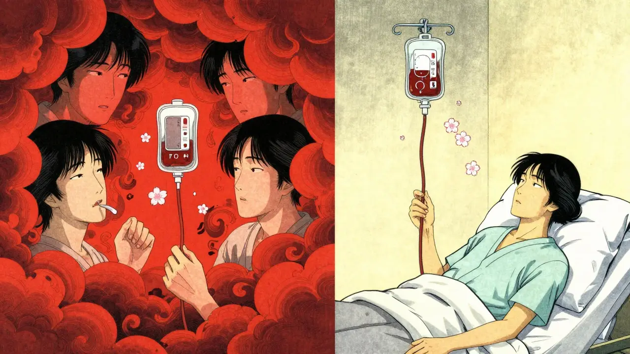 Split illustration: chaotic fast infusion vs. peaceful slow infusion of vancomycin.