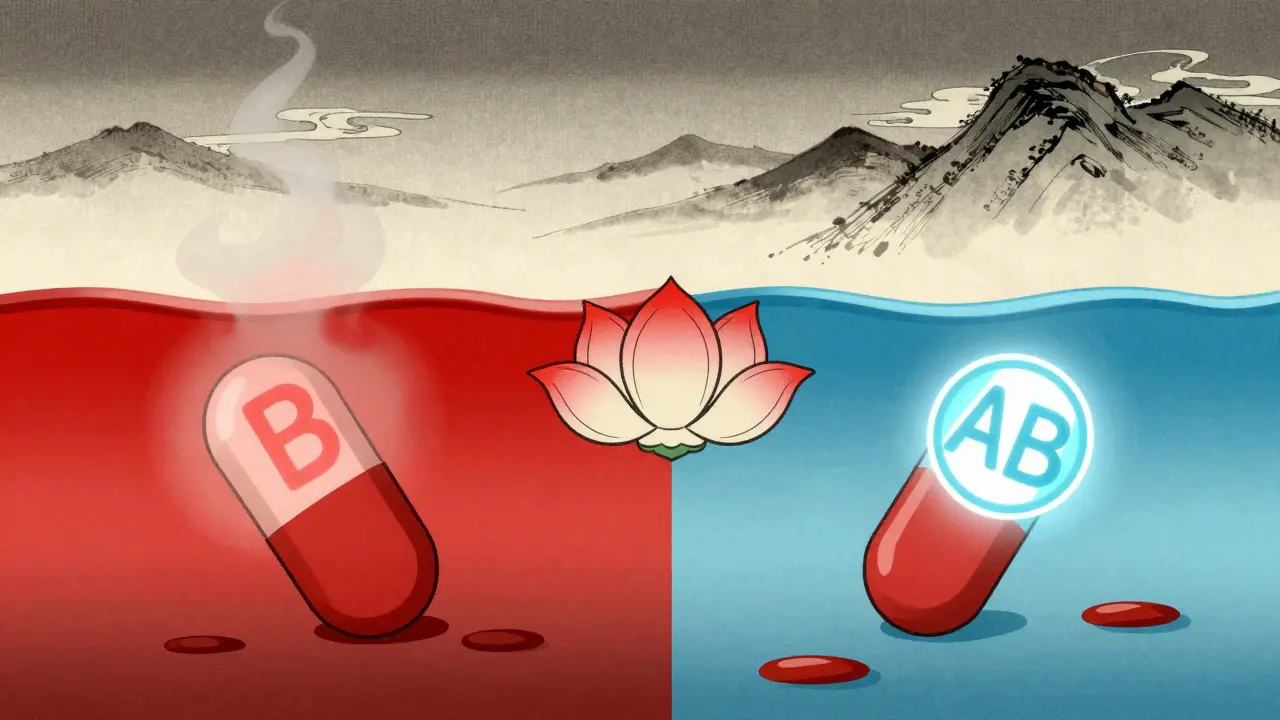 Split illustration showing generic pill dissolving with B symbol fading versus AB seal glowing, symbolic bioequivalence in ink-wash landscape.