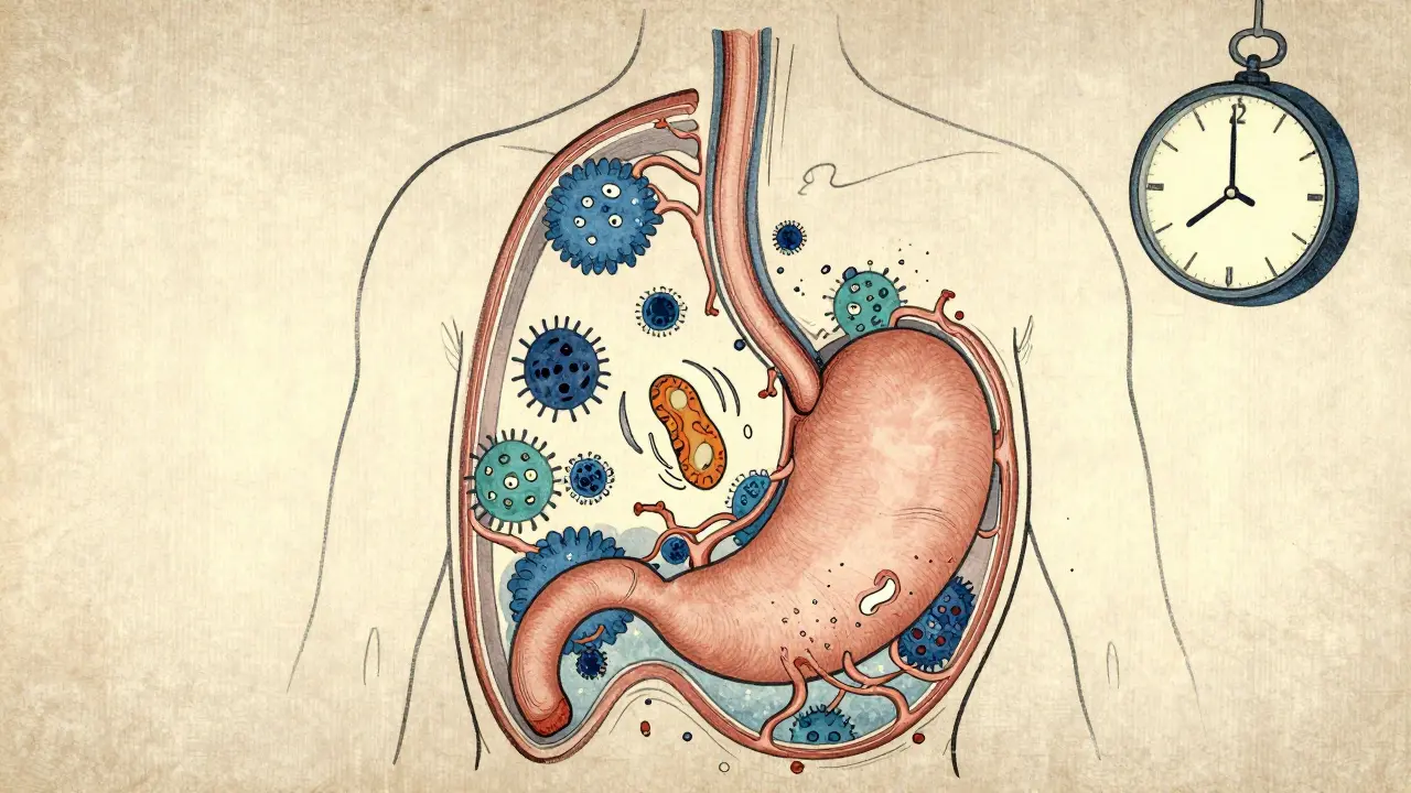 Split torso showing frozen food and bacterial clouds, with broken nerve threads, in traditional Japanese illustration style.