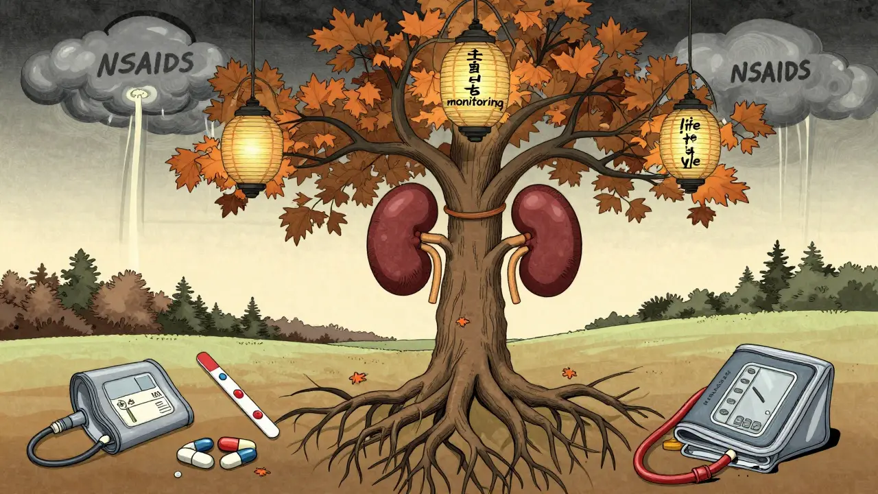 Tree with kidney roots blooming with health symbols, storm cloud of NSAIDs above, traditional Japanese illustration style.
