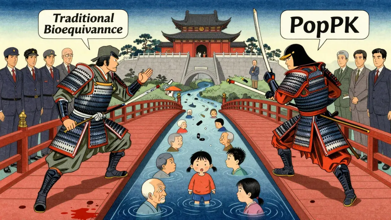 Two drug formulations as samurai on a bridge, one in traditional armor, the other adaptive — PopPK enables safe passage for diverse patients.