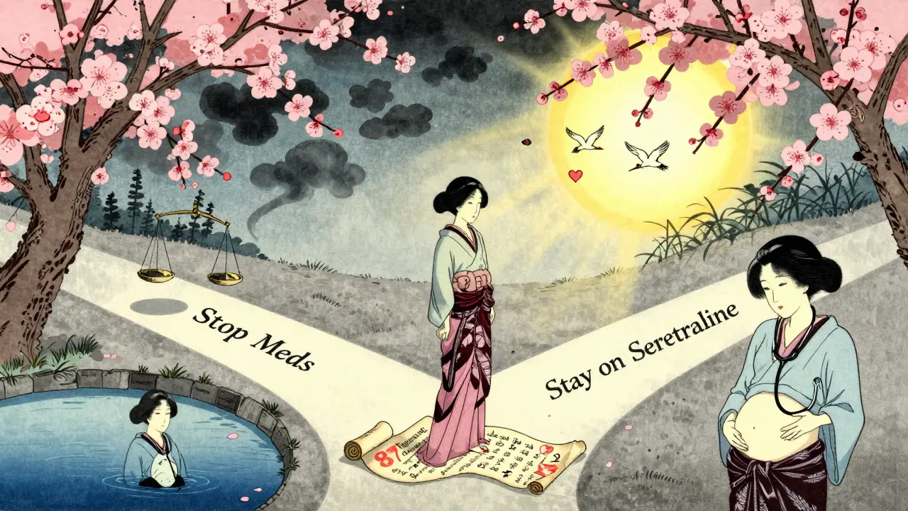 Woman at a crossroads choosing mental health treatment during pregnancy, with blooming plum tree and floating cranes showing positive outcomes.