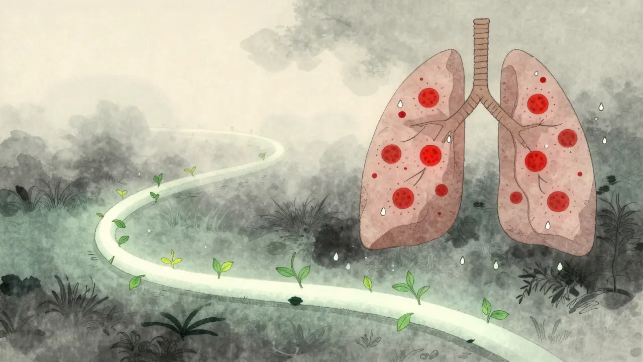 A garden hose in the lungs calming inflammation, representing corticosteroids reducing swelling.