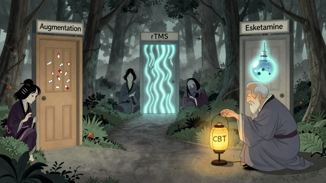 A mystical path with three treatment doors guarded by spirits, guided by a therapist with a lantern.
