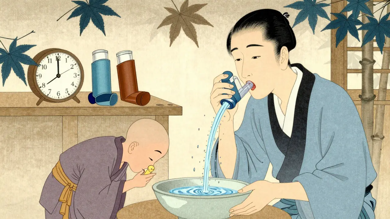 A patient using an inhaler with a spacer and rinsing, guided by mindful ritual and timing.
