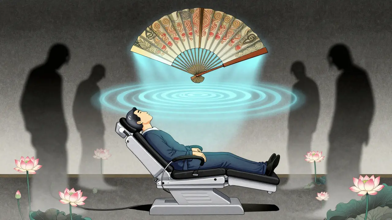 A person receiving rTMS therapy with a fan-shaped coil emitting soft blue light waves.