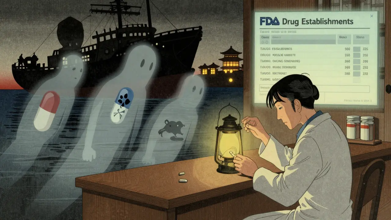 A pharmacist examines a pill bottle as ghostly counterfeit pills drift from a shadowy ship.