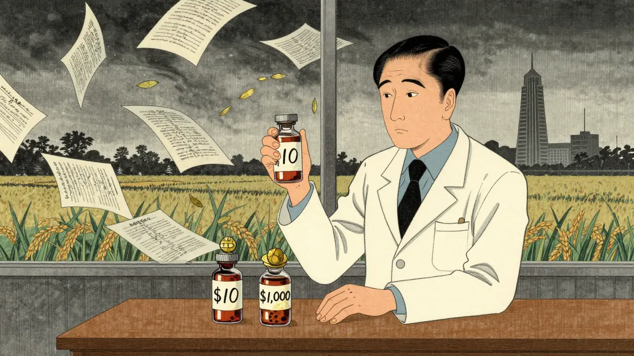 A pharmacist holds two vials— generic vs 00 patented drug—amid swirling legal documents.