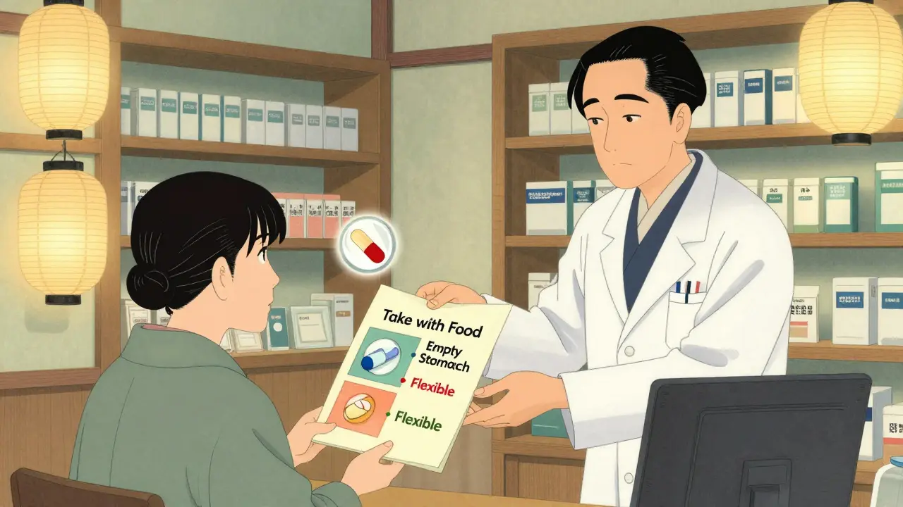 A pharmacist presenting a color-coded food-medication guide with floating drug icons in a peaceful setting.
