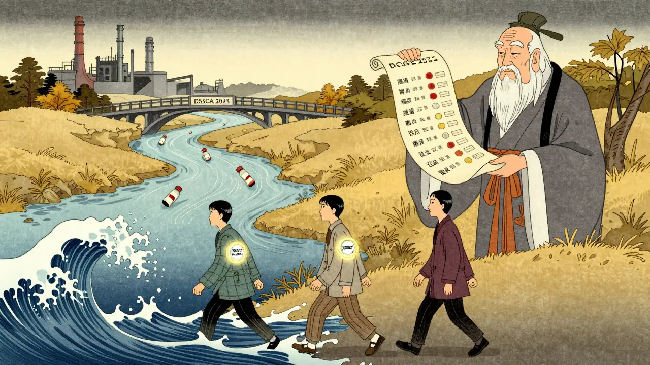 A river of medicine flows toward a bridge as an elder figure holds a scroll of product identifiers.