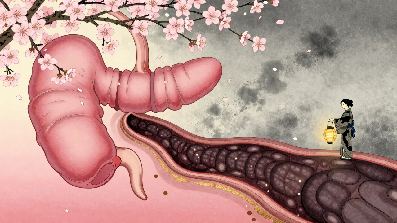 An esophagus transforms from healthy tissue to Barrett’s esophagus, with cherry blossoms and ash symbolizing risk and detection.