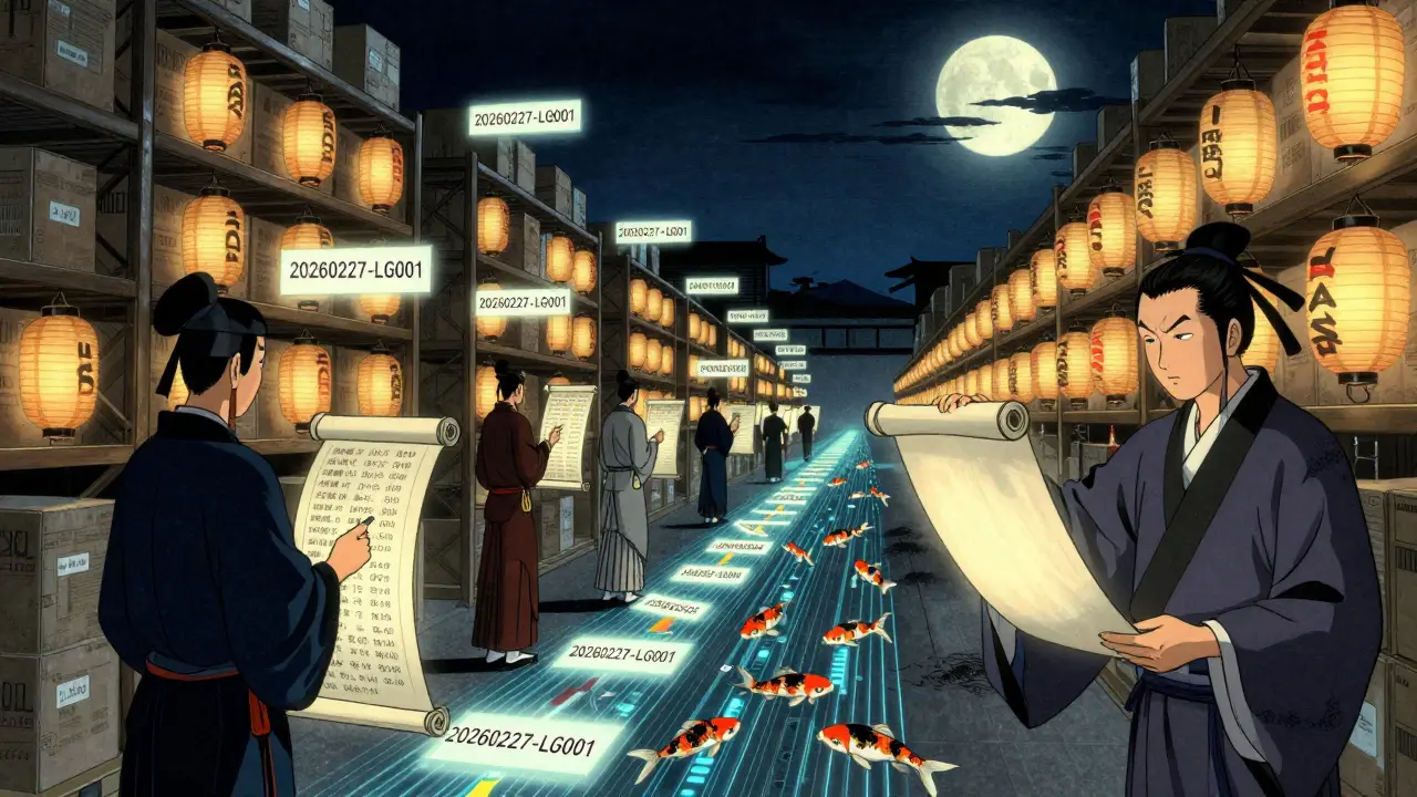 FDA investigators tracing a digital lot code path through lantern-lit warehouses under a full moon, with glowing data streams.