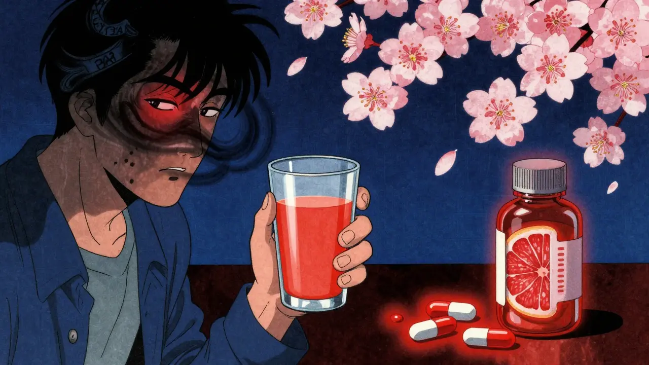 Grapefruit juice blocking a vital enzyme, causing dangerous drug buildup near pills and warning symbols.
