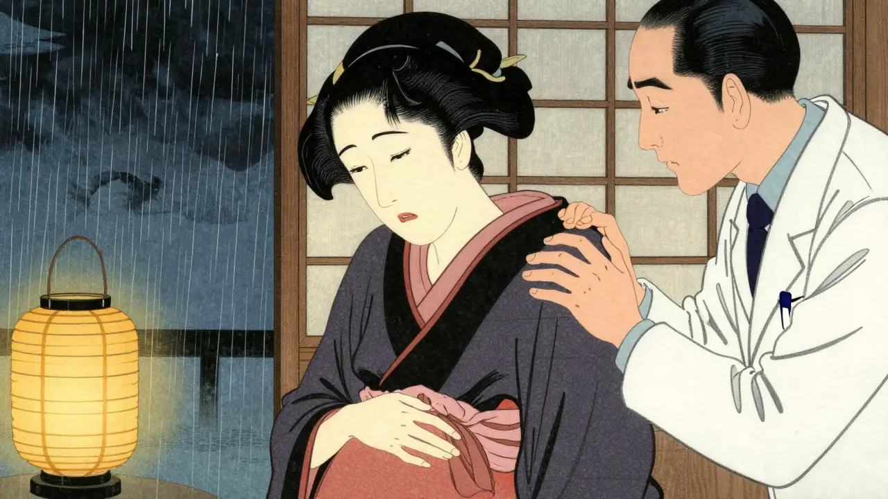 Pregnant woman clutching abdomen with doctor's support during storm