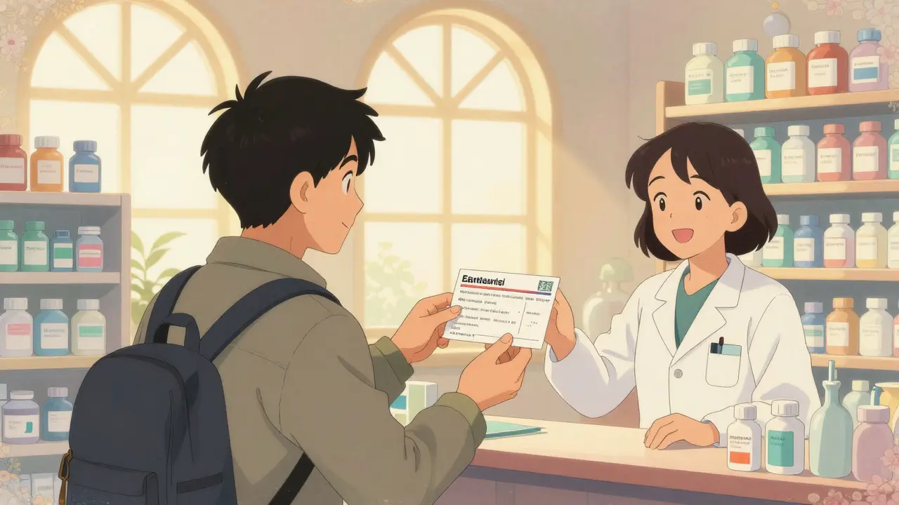 Traveler receiving medication from pharmacist in Europe with e-prescription card displayed.