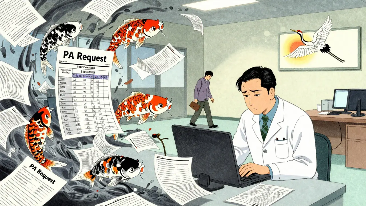 A doctor is buried in paperwork shaped like koi fish, while a biosimilar crane flies toward policy change.