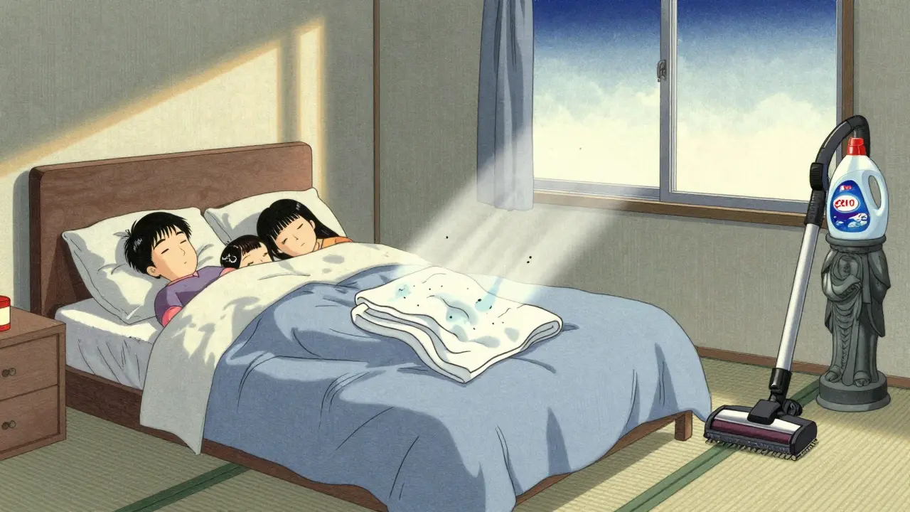 A peaceful bedroom at dawn where cleaning tools quietly remove allergens, with a certified detergent bottle standing like a silent protector.