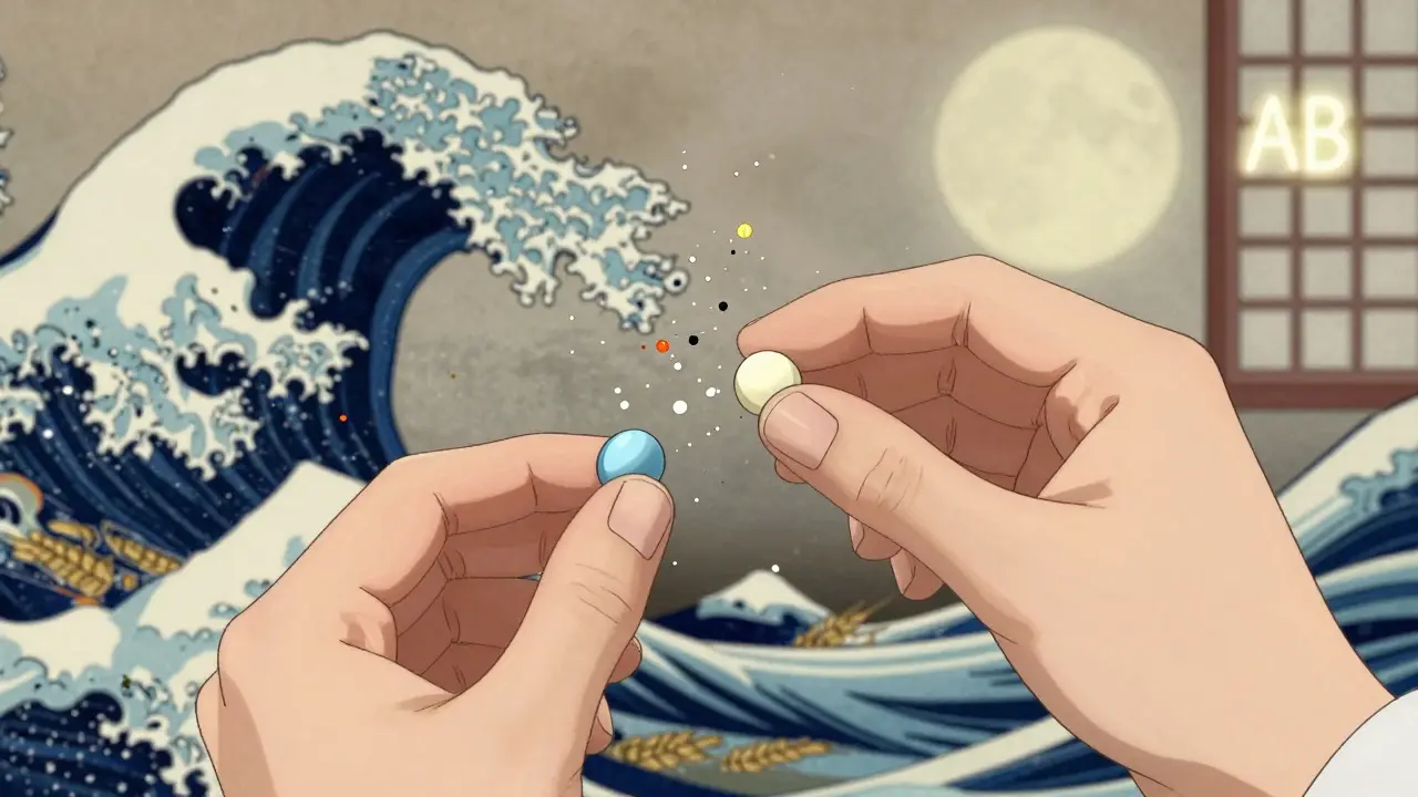 A pharmacist's hands holding different colored pills with floating excipients and a glowing AB rating in Ukiyo-e style.