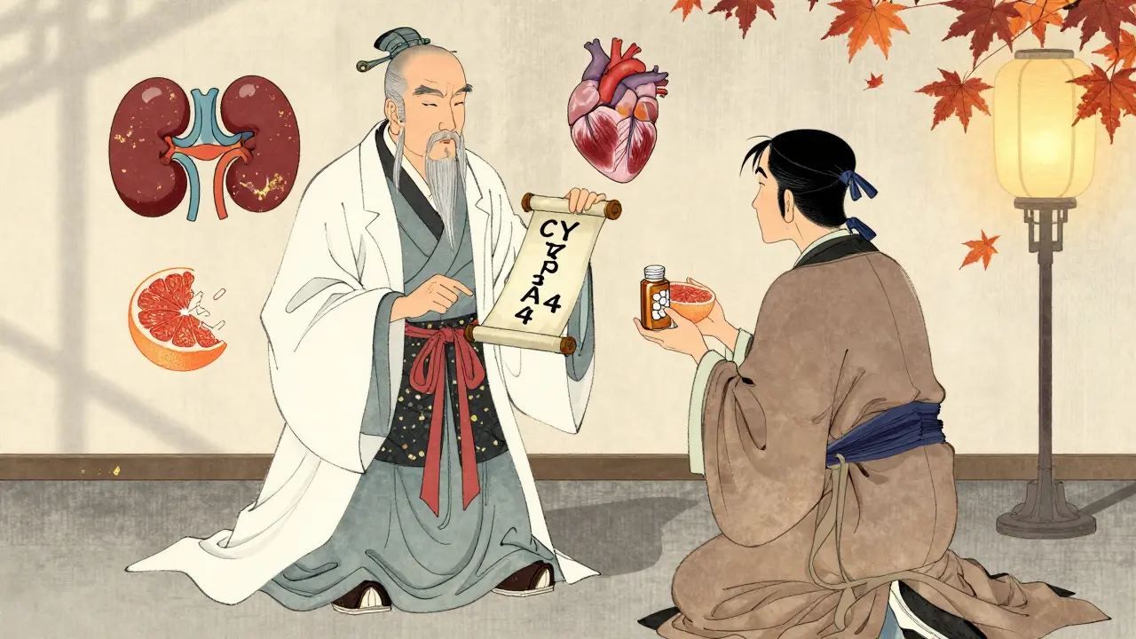 A pharmacist explains grapefruit-drug risks to a patient, with floating symbols of organs and health effects, rendered in ukiyo-e ink and gold style.