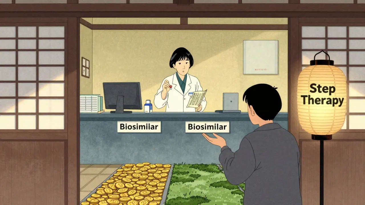 A pharmacy gate splits into two paths — one golden for brand drugs, one mossy for biosimilars blocked by step therapy.