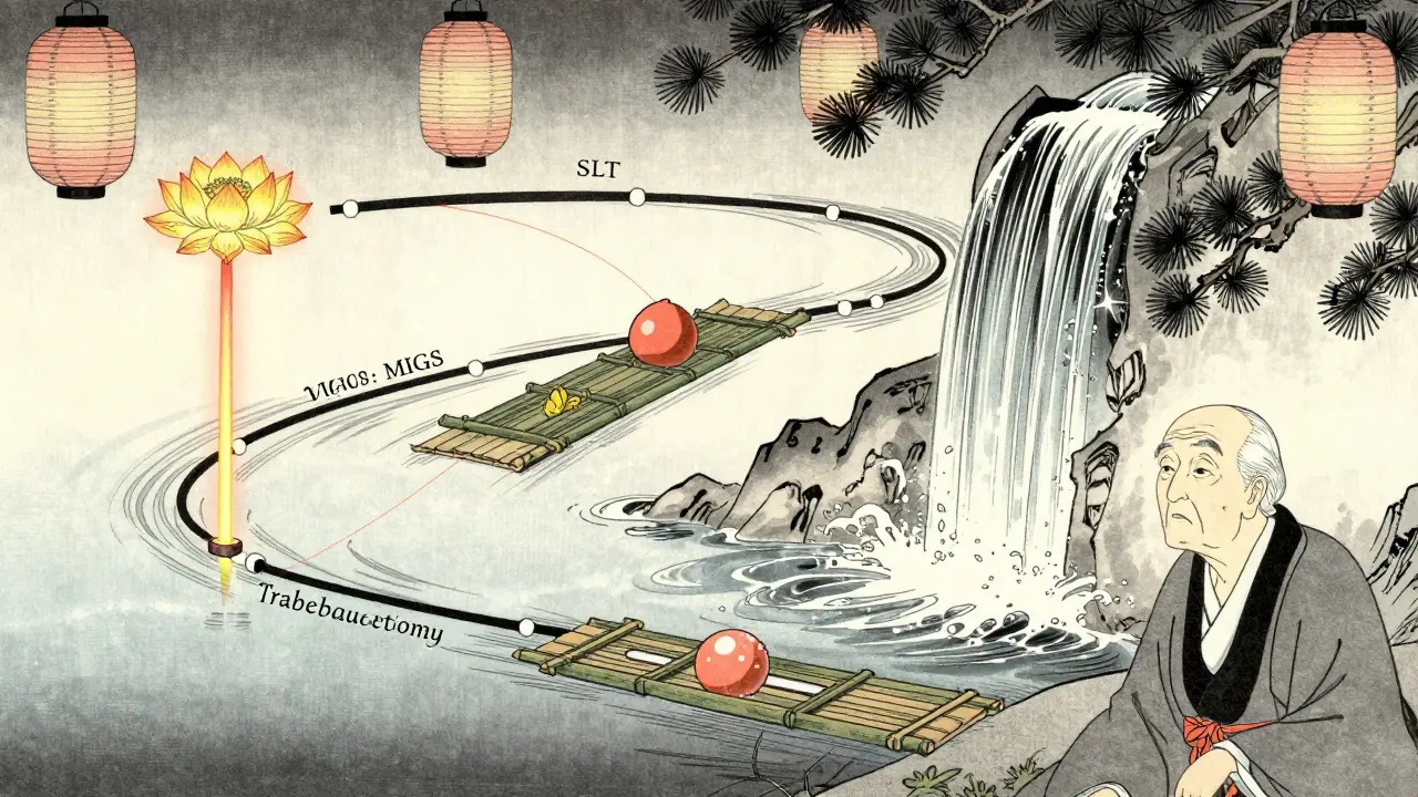 A three-stage treatment pathway shown as a river with SLT, MIGS, and trabeculectomy as natural elements, watched by a calm eye.