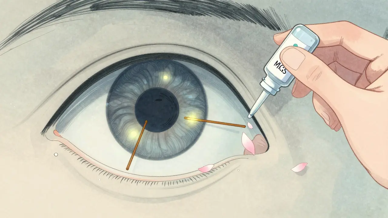 A tiny stent implanted in the eye’s drainage pathway, with aqueous humor flowing like watercolor streams, representing MIGS.