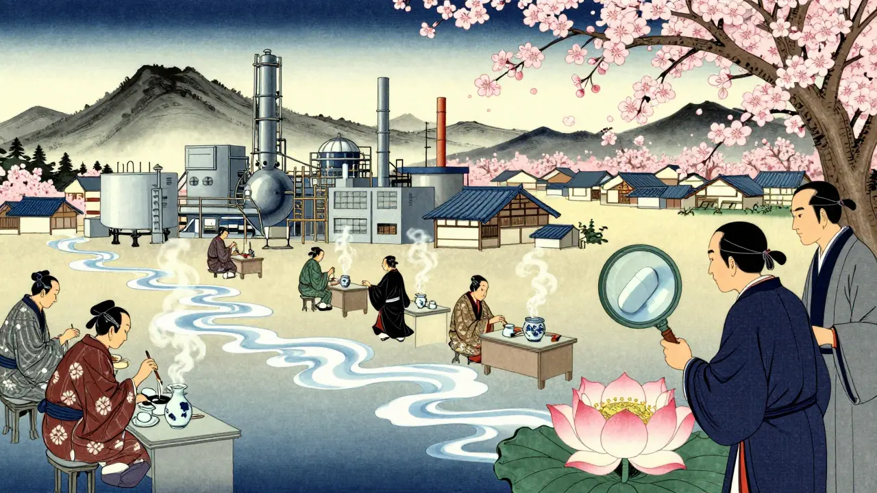 A traditional Japanese-inspired drug lab with workers testing tablets using ink brushes and porcelain tools under cherry blossoms.