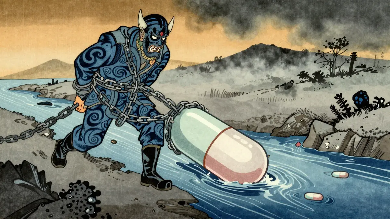 Antibiotic soldier bound by chains of calcium and iron minerals in a stylized digestive landscape.