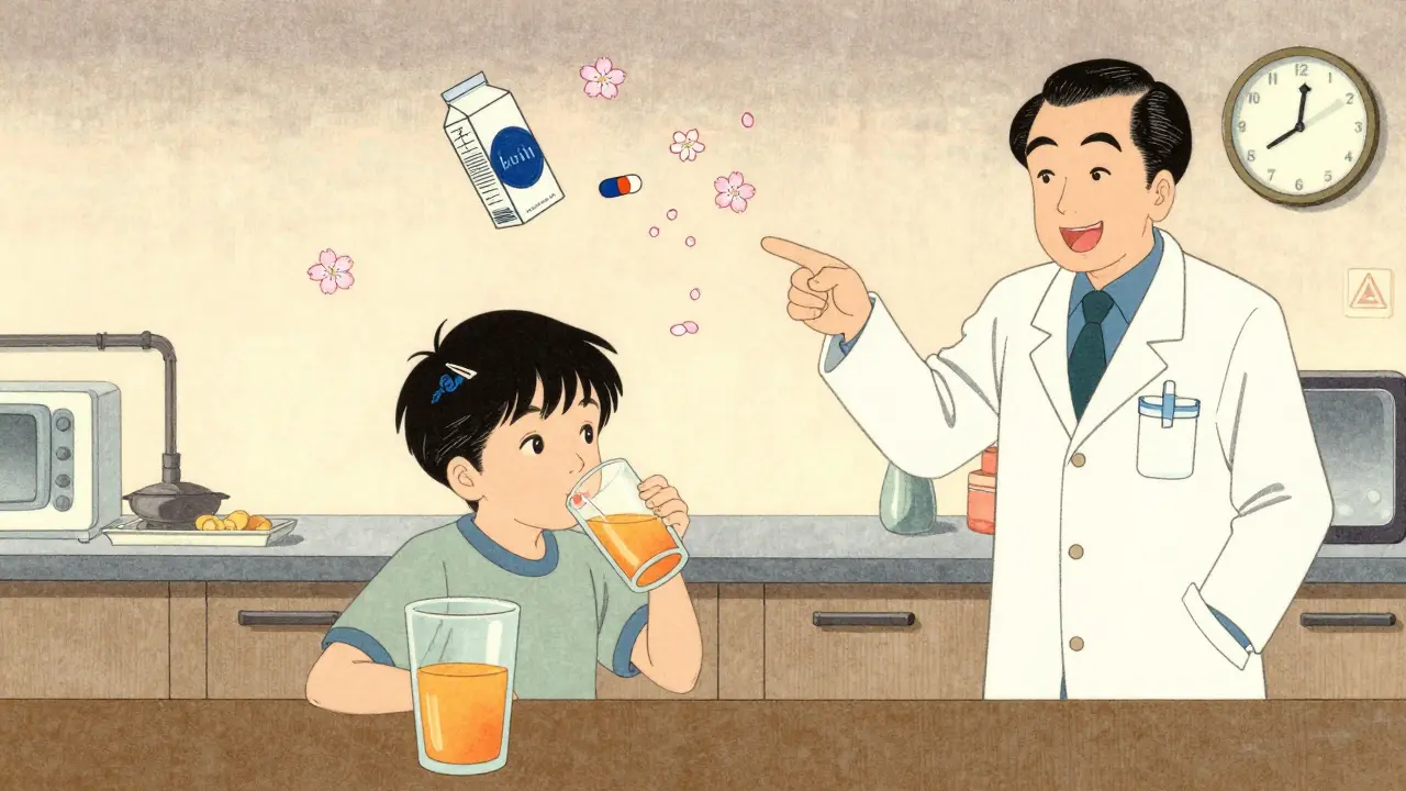 Child taking iron with orange juice as milk and calcium supplements drift away on cherry blossoms.