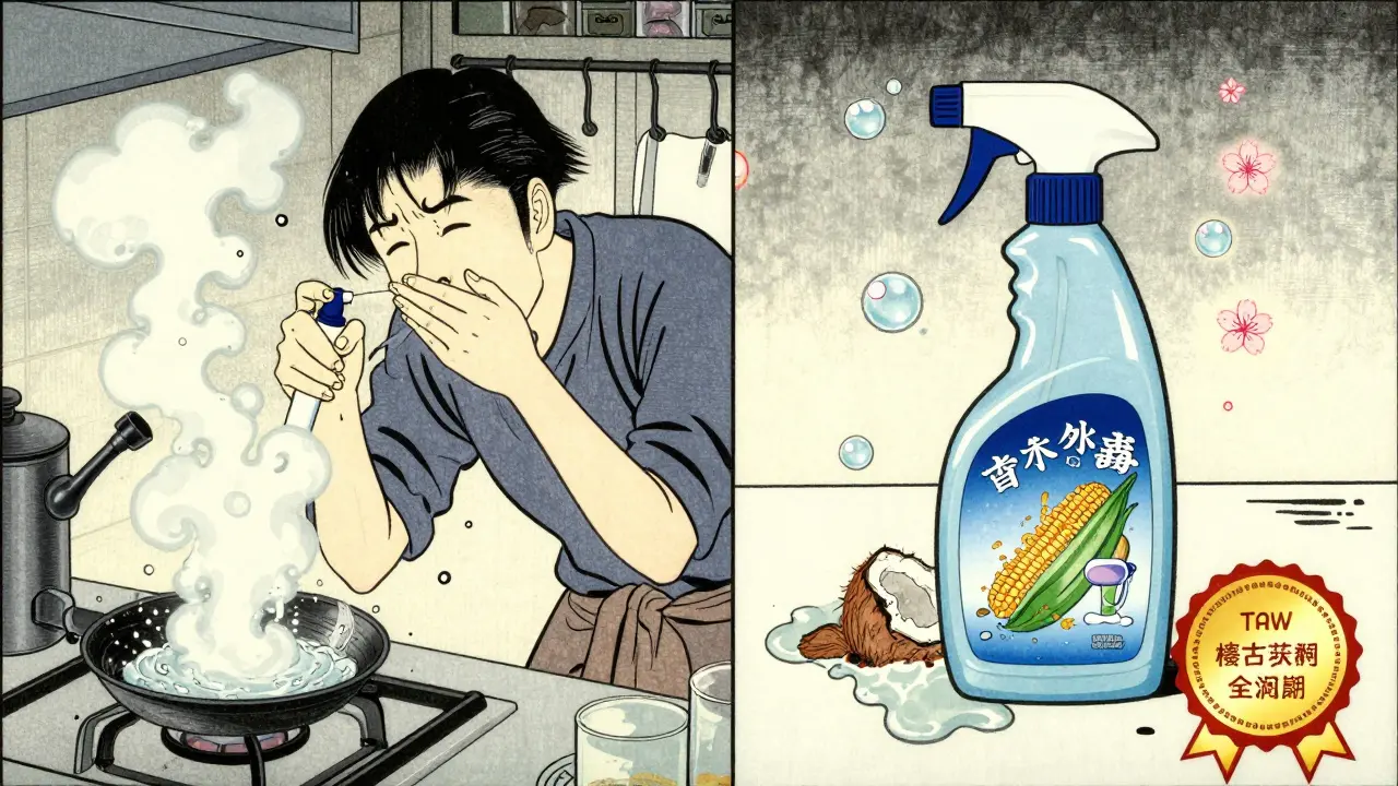 Contrasting kitchen scenes: one with harmful fumes, the other with gentle plant-based cleaners and a certified seal glowing softly.