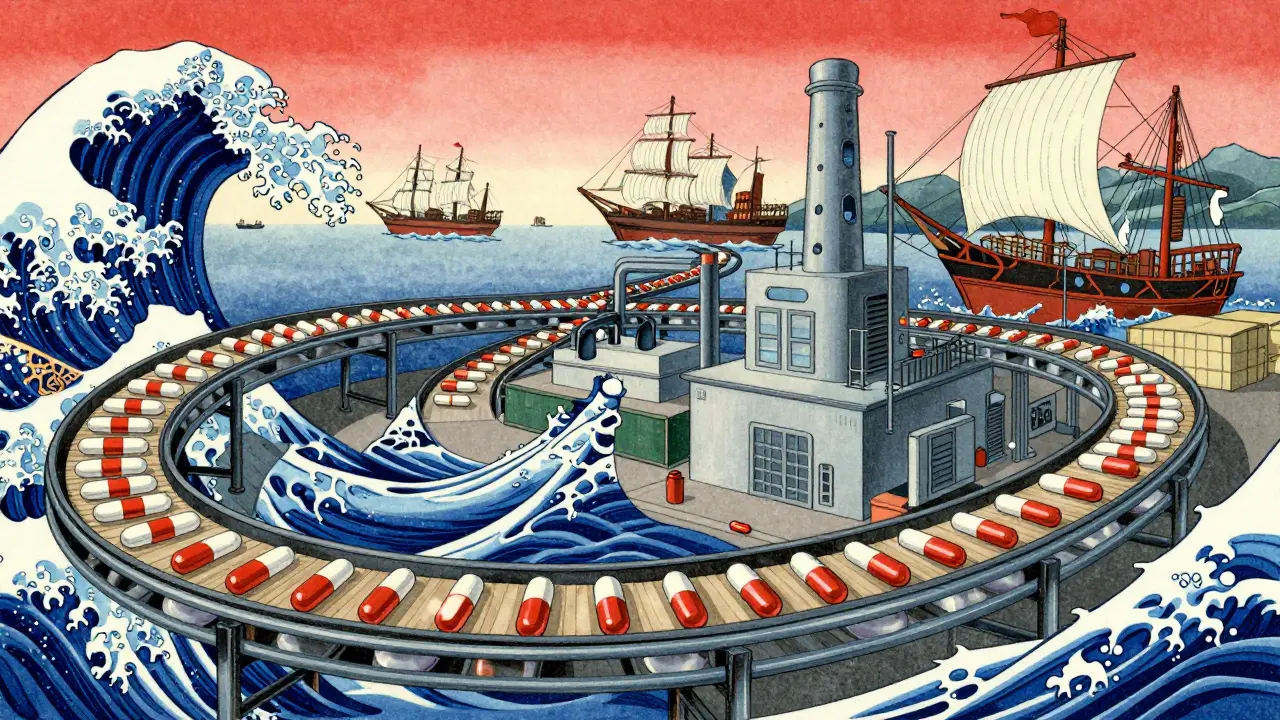 Massive conveyor belt with pills and ships representing global production.