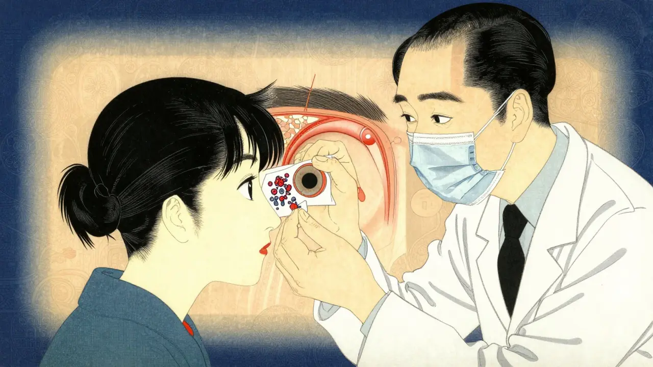 Medical examination showing eye dryness test and inflamed tear gland cells