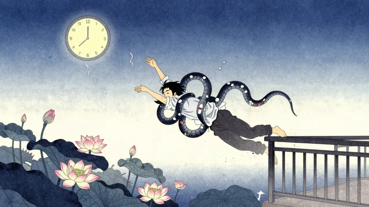 Person falling mid-air as pill-shaped serpents coil around them, moon ticking backward in night sky.