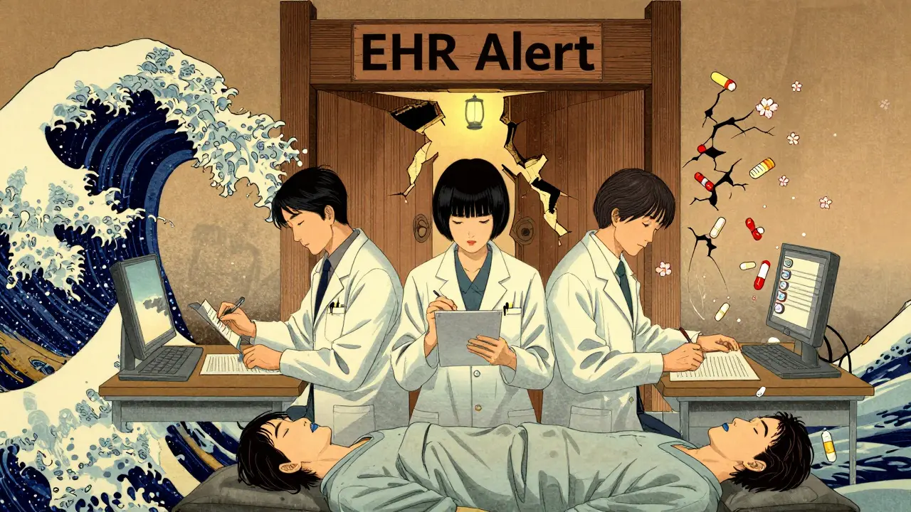 Three doctors writing prescriptions in isolation while a patient lies unconscious below, EHR alert failing.
