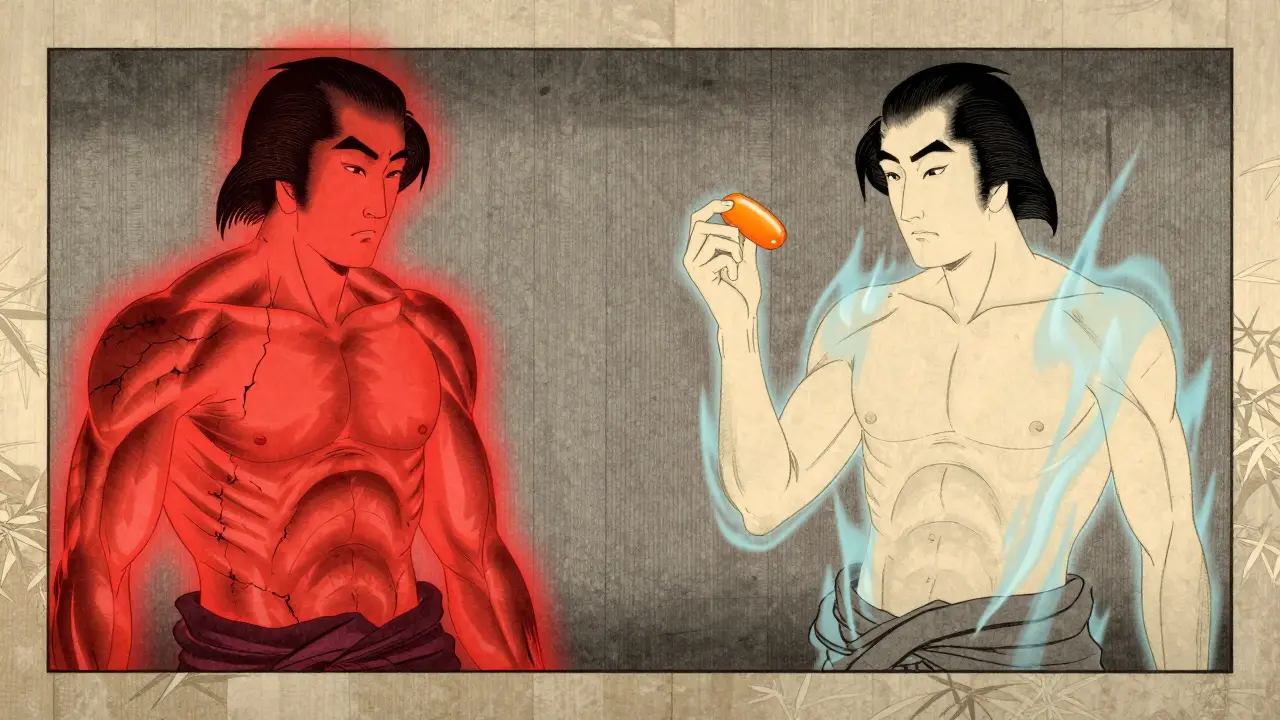 Two men side by side: one suffering muscle damage from grapefruit-statin interaction, the other safe with a different statin, in traditional Japanese art style.