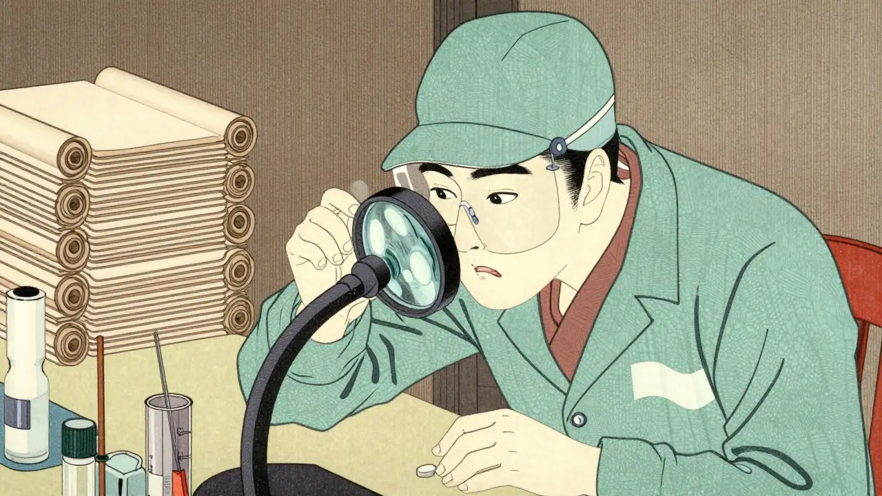 Worker inspecting a pill under magnifying glass with testing tools.