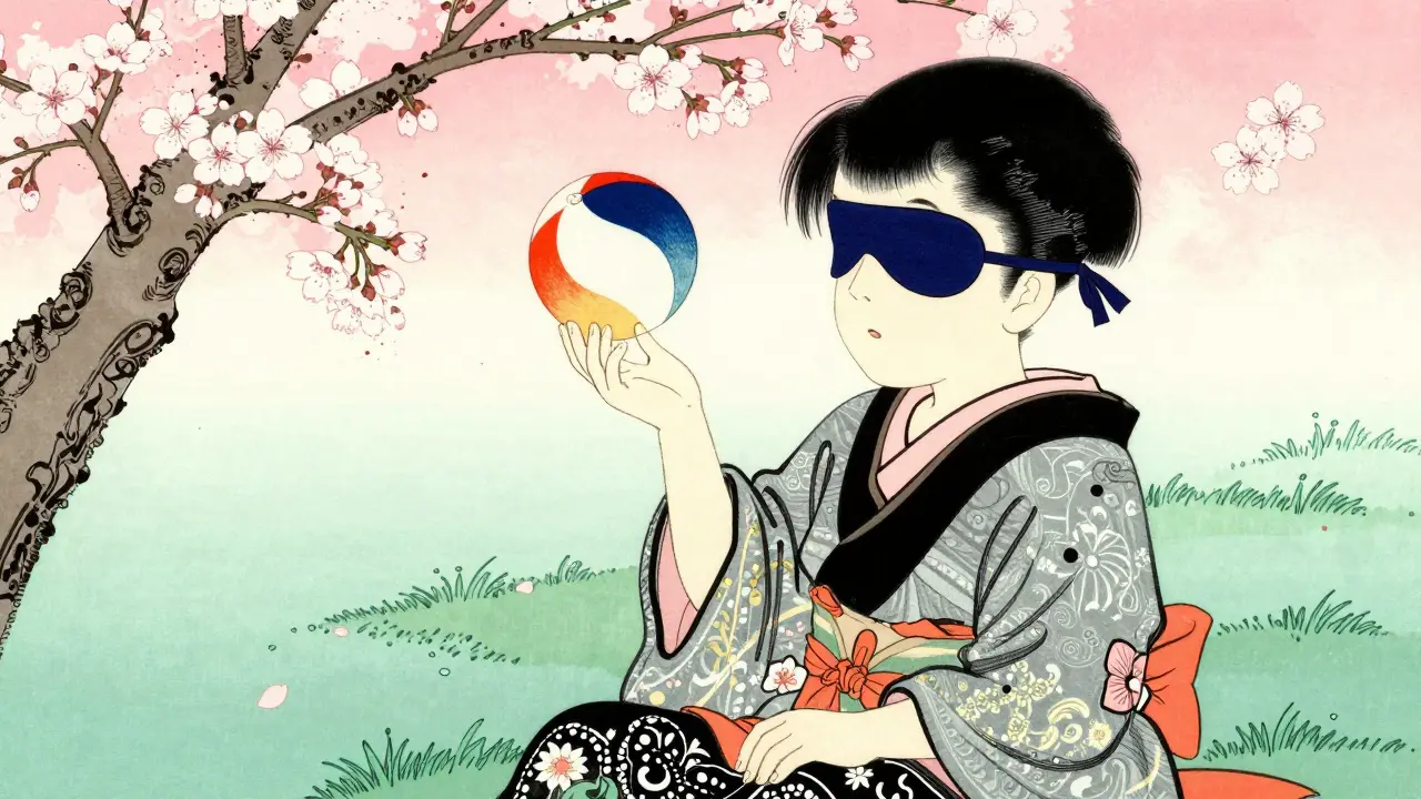 A child wearing an eye patch while playing with a ball in a cherry blossom garden.