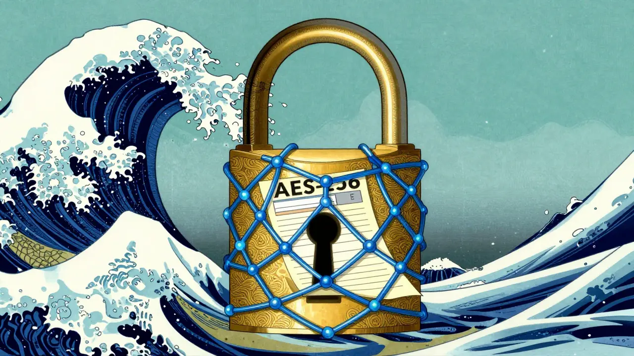 A golden lock and blue geometric threads protecting medical data over Japanese wave patterns.