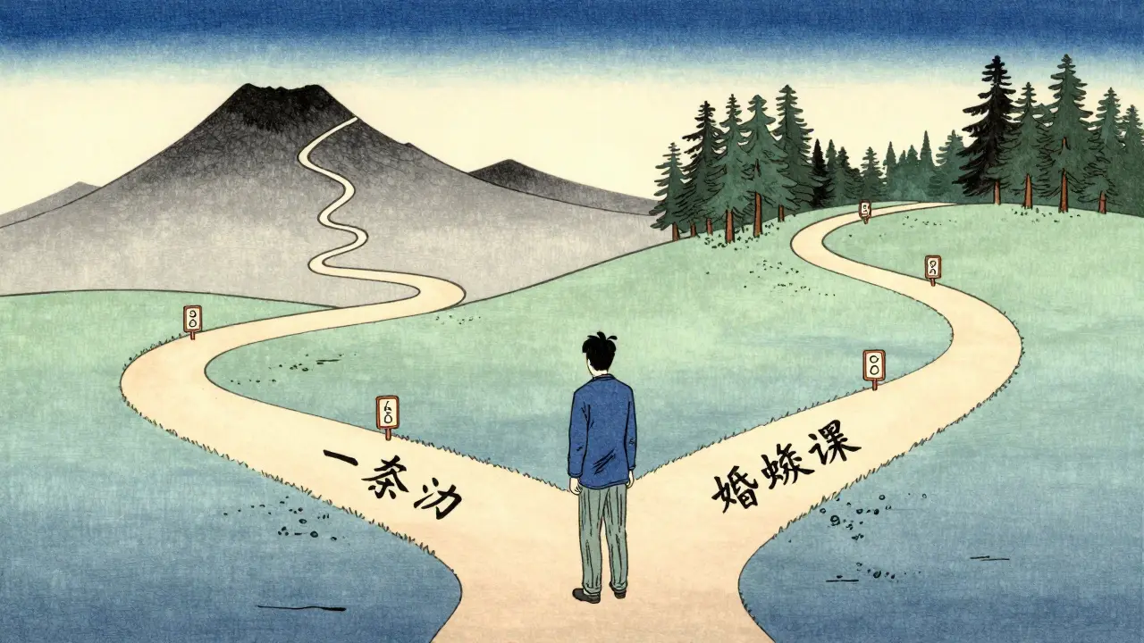 A patient at a crossroads choosing between a short steep path and a long winding road.