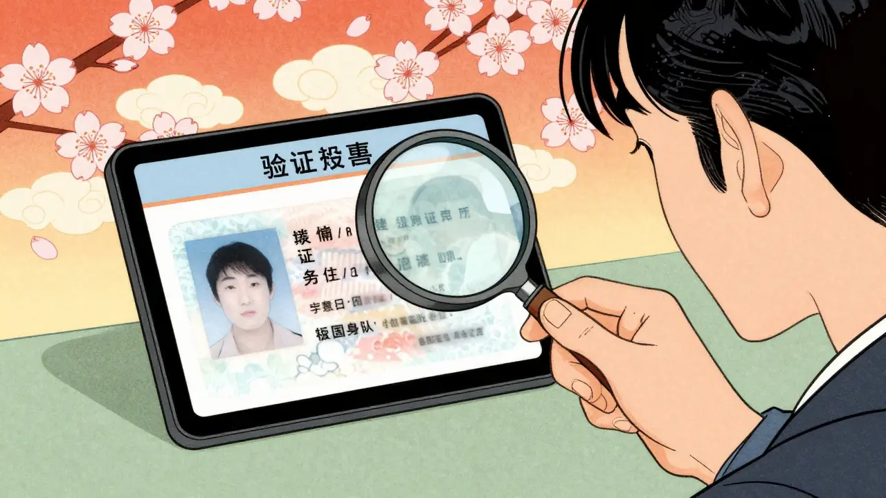 A person using a magnifying glass to verify a digital pharmacy certificate in Ukiyo-e style.