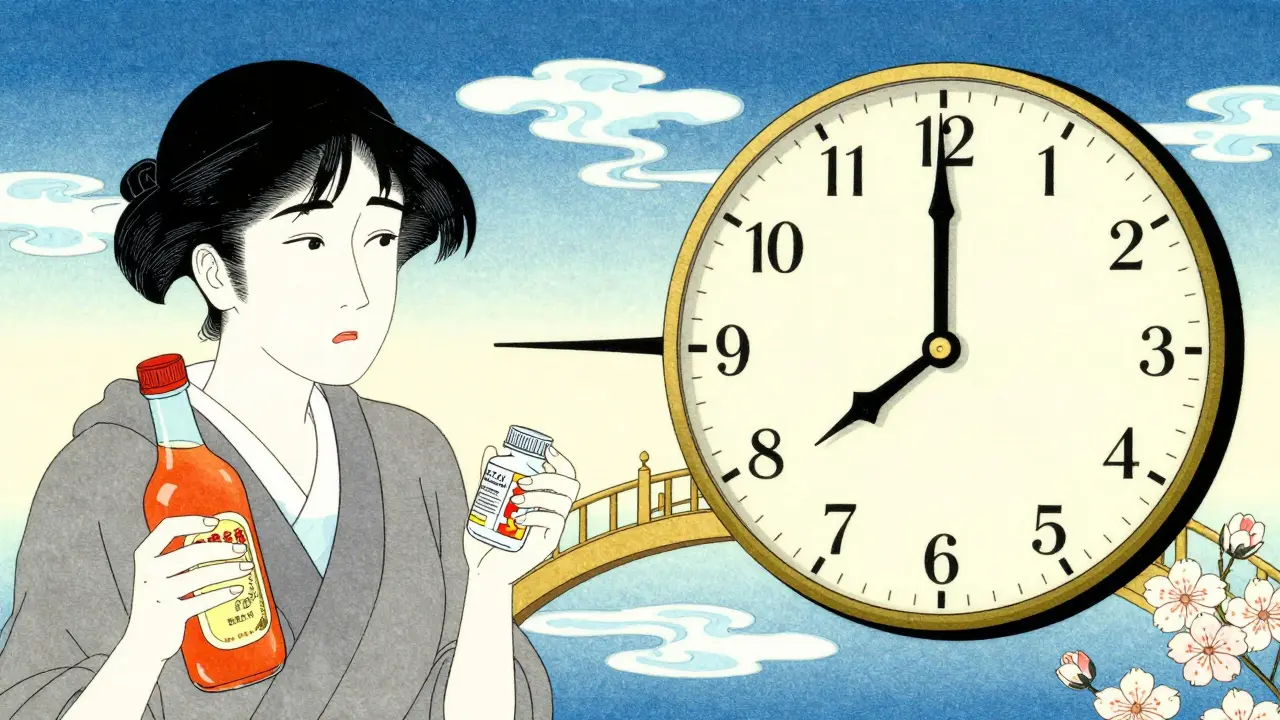 A person with juice and medicine next to a clock showing a four-hour time gap.