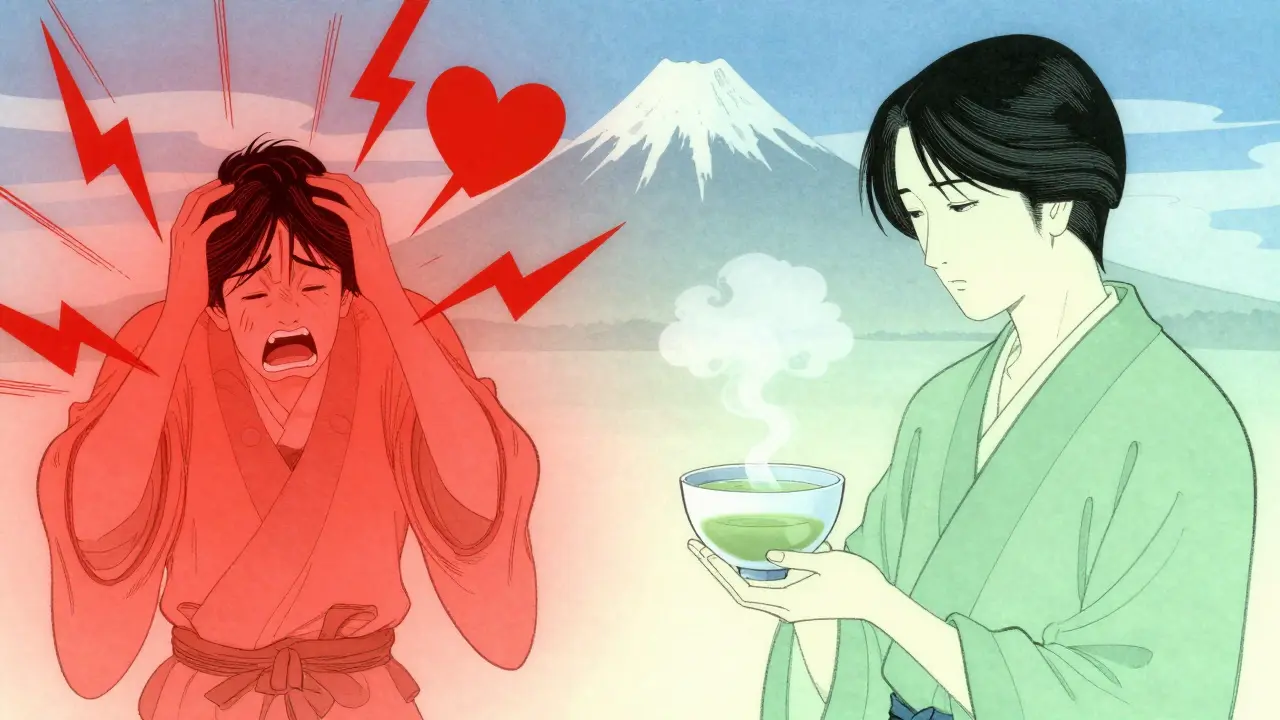 Comparison illustration showing a stressed person moving toward a calm state with green tea.