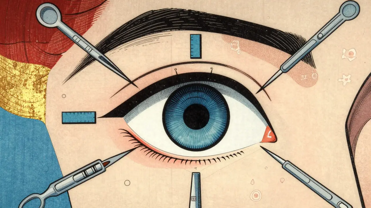 Conceptual illustration of an eye with surgical tools and geometric symbols of alignment.