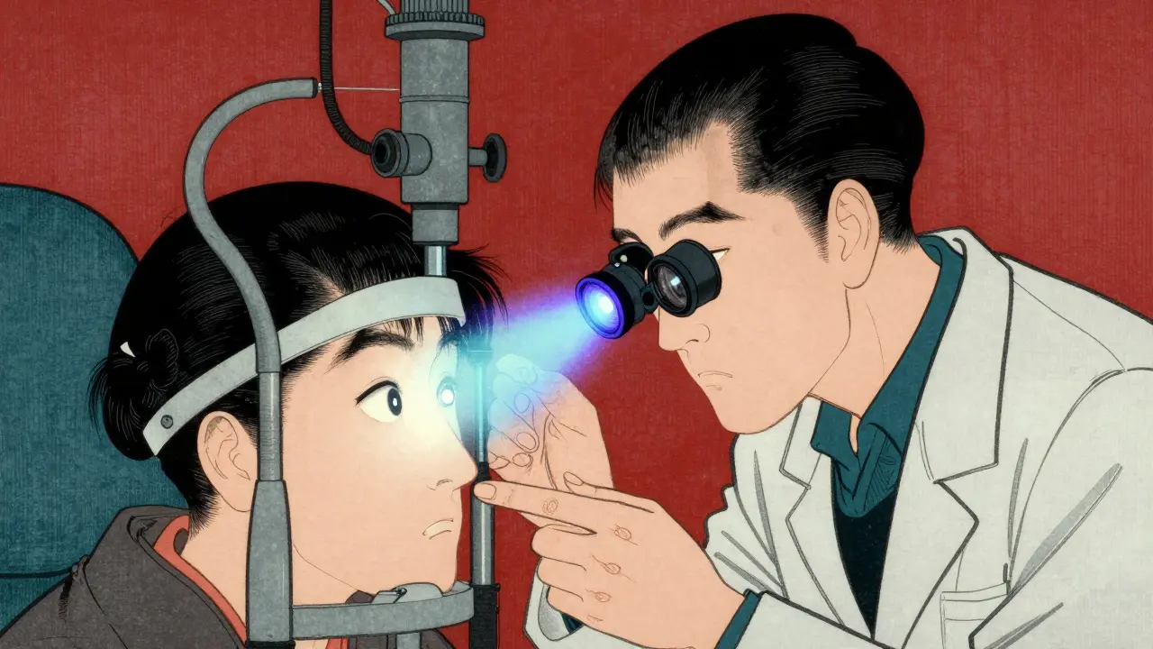 Doctor examining an infected eye with a slit lamp under bright blue light.