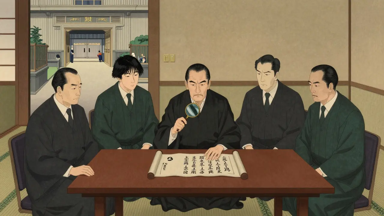 Five judges in a traditional room reviewing a legislative scroll